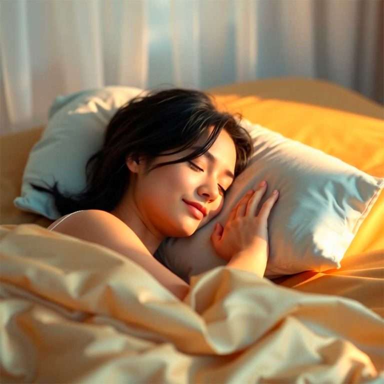Mujer descansa en cama de seda