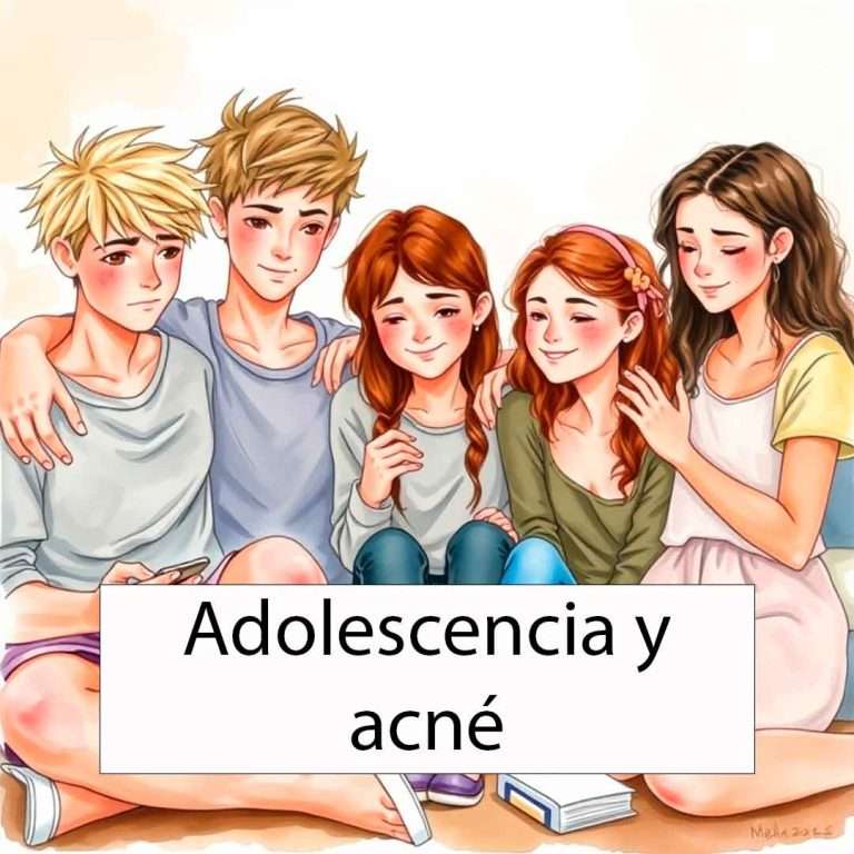 Pintura en acuarela de cinco adolescentes diversos enfrentando el acné juntos. Tres chicos y dos chicas conversan en un ambiente cálido y acogedor, mostrando apoyo mutuo mientras lidian con diferentes grados de acné en un estilo artístico suave y emotivo.
