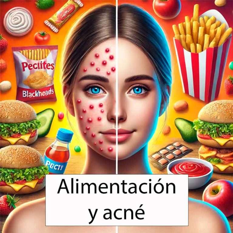 Comparación del antes y después de una joven con piel acneica, mostrando el impacto de una alimentación saludable en la apariencia de la piel.