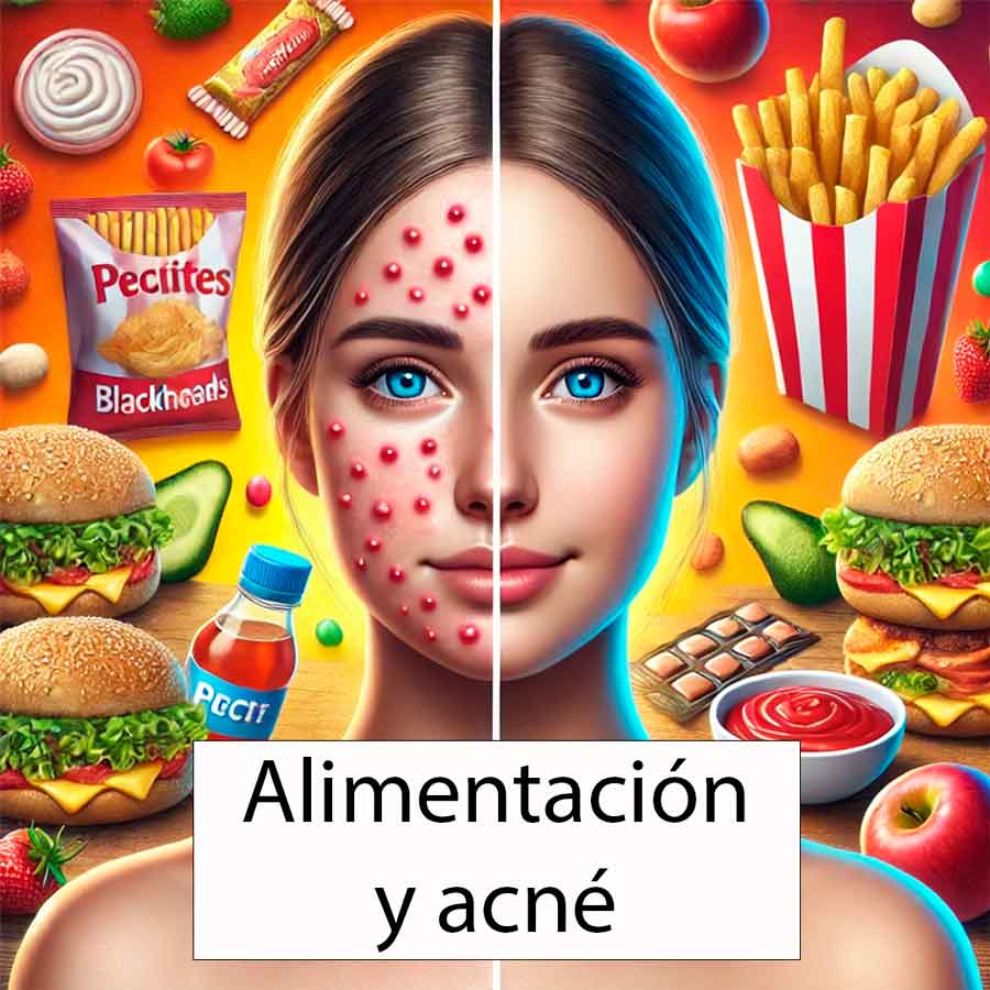 Comparación del antes y después de una joven con piel acneica, mostrando el impacto de una alimentación saludable en la apariencia de la piel.