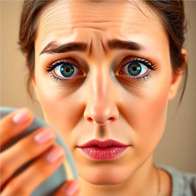 Primer plano de una mujer de entre 35 y 40 años con expresión preocupada mientras observa su reflejo en el espejo. Su ceja izquierda muestra una pérdida visible de vello en el tercio externo, mientras que su ceja derecha luce completa y bien definida, resaltando el contraste. Sus pestañas también se ven más finas y dispersas. La iluminación es suave y el fondo difuminado en tonos neutros, transmitiendo una sensación de preocupación pero también de conciencia sobre la importancia del cuidado de cejas y pestañas.
