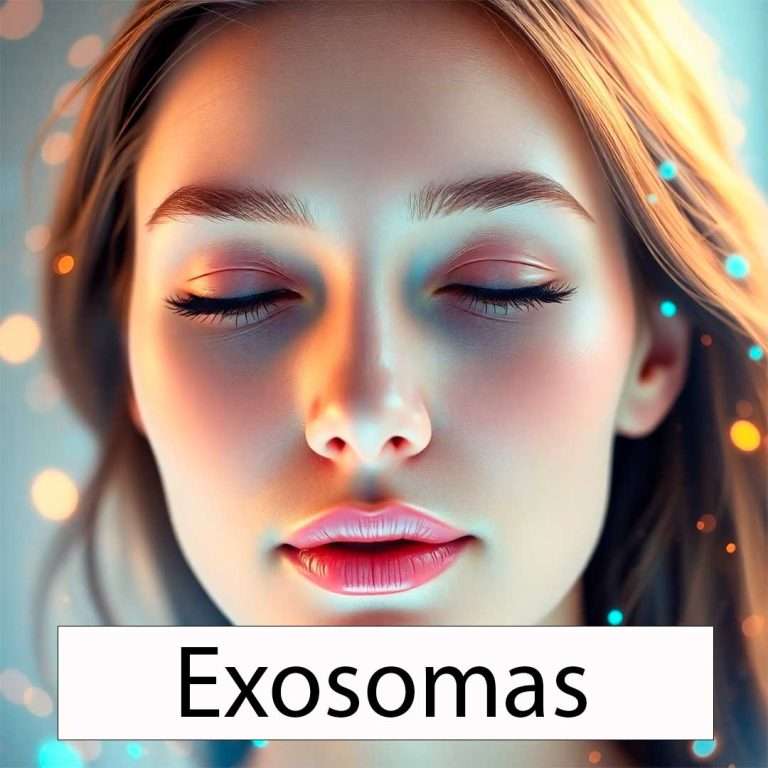 Primer plano de un rostro femenino con piel radiante y luminosa, rodeado de partículas iridiscentes en tonos azul y dorado que simbolizan la acción de los exosomas en la regeneración celular. El fondo futurista combina elementos de biotecnología y estética, evocando innovación en el cuidado de la piel. La expresión serena de la mujer transmite calma, bienestar y rejuvenecimiento.
