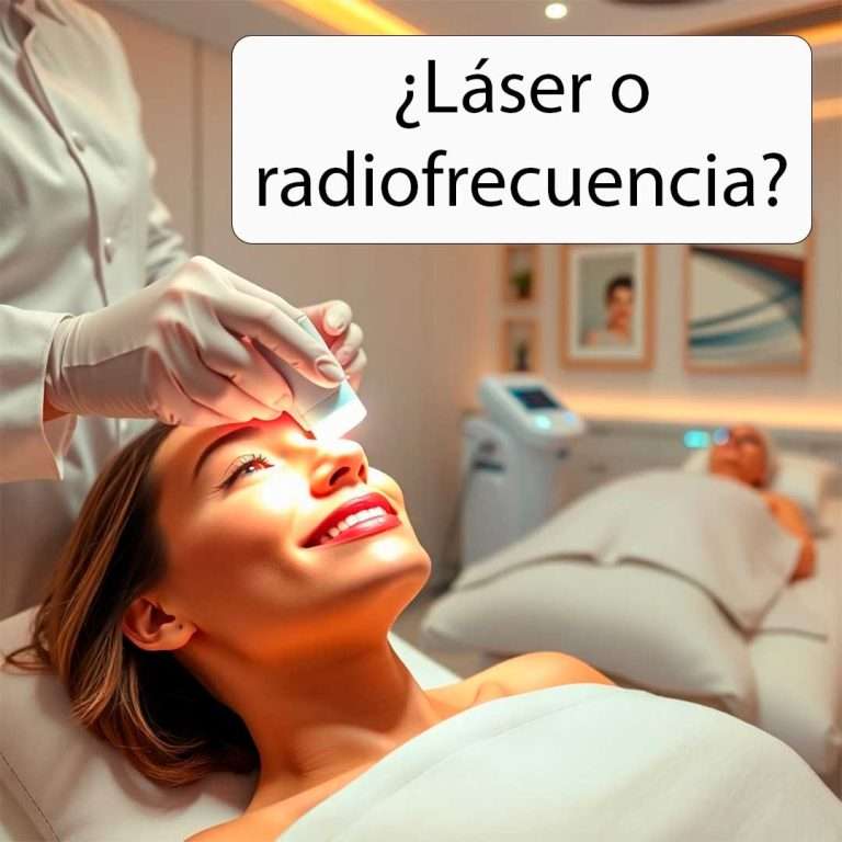 Clínica dermatológica moderna y elegante. Una mujer con piel radiante recibe un tratamiento con láser CO2 fraccionado por un dermatólogo profesional con bata blanca y guantes. En el fondo, otra paciente se somete a un tratamiento de radiofrecuencia. El ambiente es limpio, estético y sofisticado, resaltando la tecnología avanzada en el cuidado de la piel.