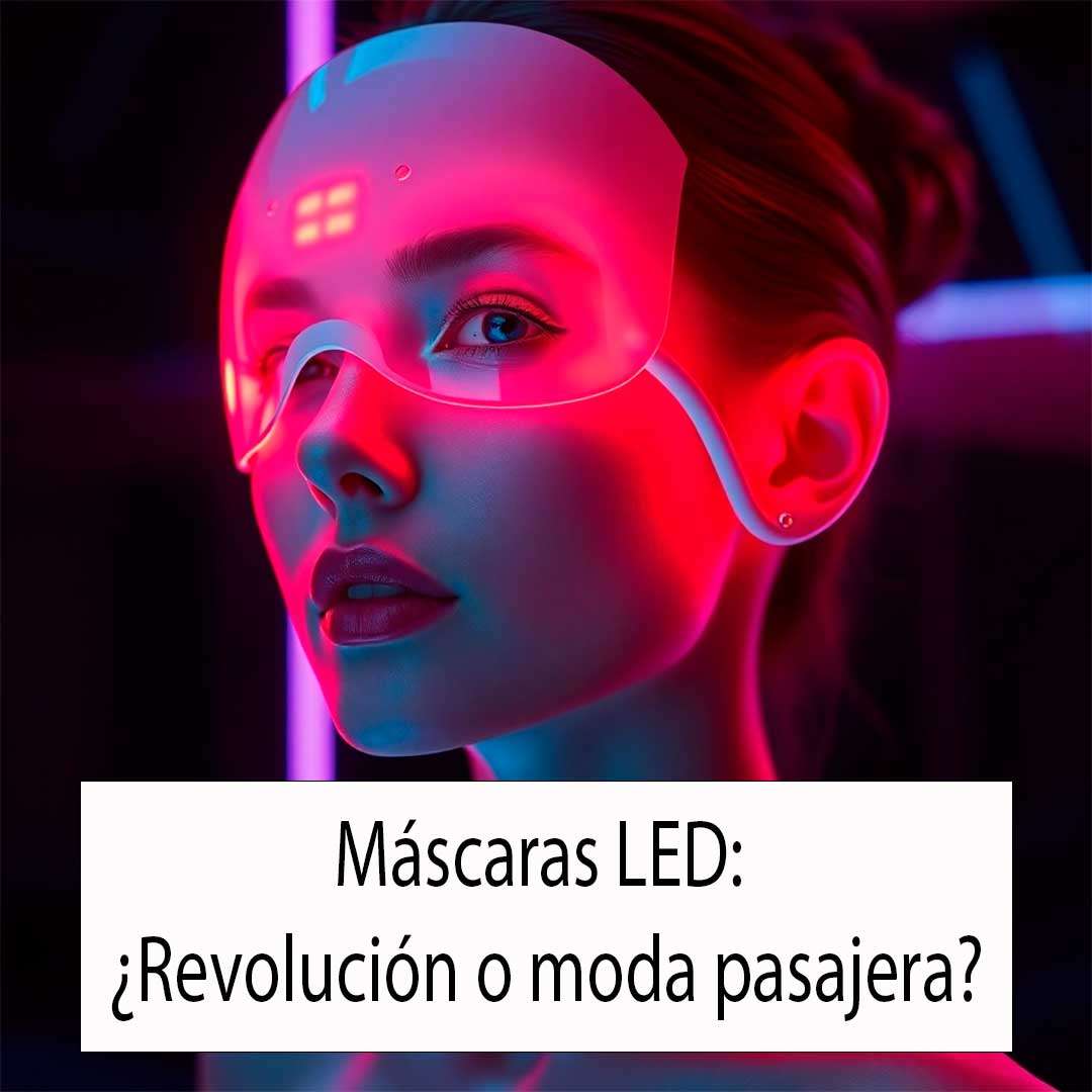 Mujer con piel luminosa y porcelanizada usando una máscara LED avanzada que emite una intensa luz roja, iluminando su rostro con un brillo futurista. Su expresión es serena y confiada, transmitiendo lujo y bienestar mientras disfruta de los efectos rejuvenecedores de la tecnología de fototerapia. El fondo oscuro, con destellos de neón azul y violeta, evoca la atmósfera de un spa de alta tecnología o un laboratorio de belleza innovador. Su atuendo elegante y vanguardista complementa la estética futurista de la imagen.