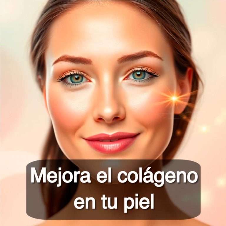 Primer plano de una mujer con piel radiante, representando la producción de colágeno. Ilustraciones sutiles de fibras de colágeno y partículas luminosas en el fondo, destacando el rejuvenecimiento y tratamientos dermatológicos.