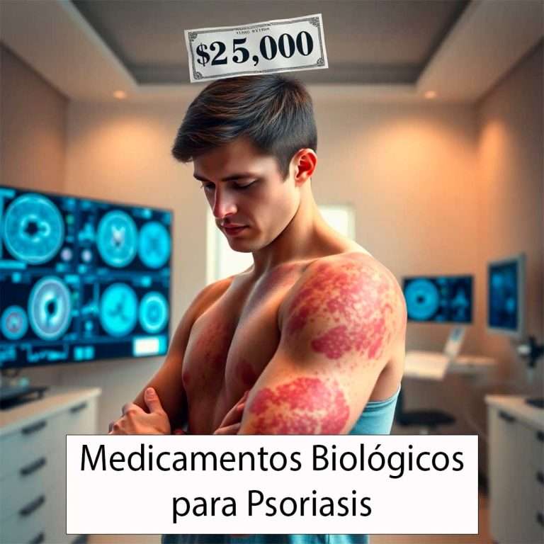 Persona con expresión de frustración observando su piel afectada por psoriasis, con manchas rojas y escamosas. Al fondo, un consultorio dermatológico moderno y un billete de 25,000 dólares desvaneciéndose, simbolizando una inversión fallida en tratamientos.