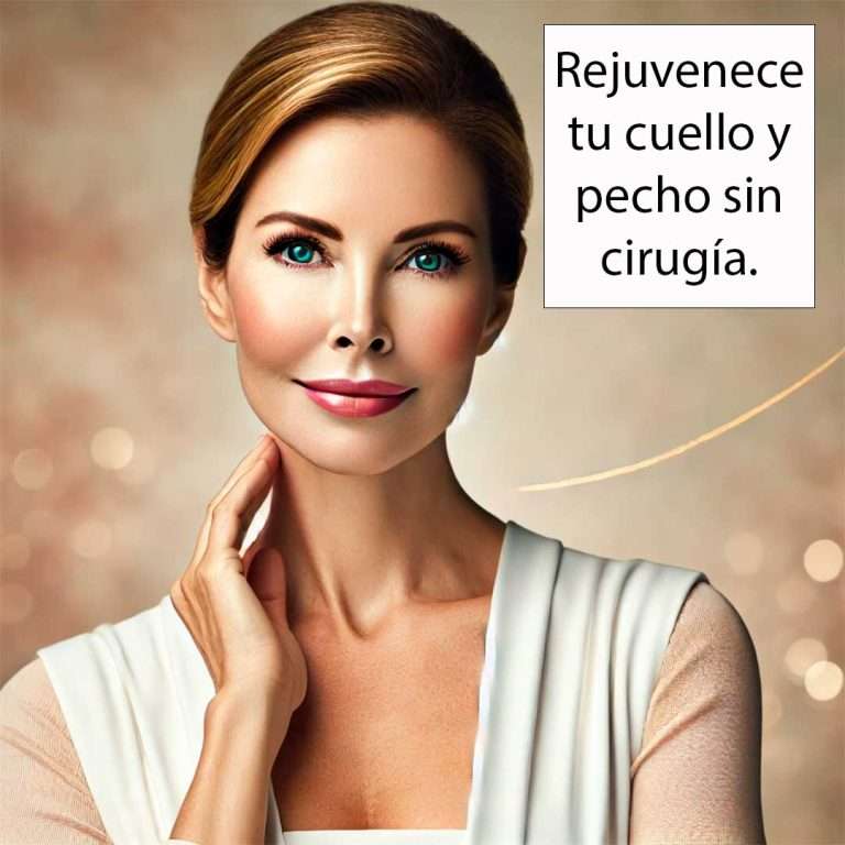 Mujer de entre 40 y 50 años con piel radiante y firme en el cuello y pecho, representando los beneficios del rejuvenecimiento no quirúrgico. La imagen transmite bienestar, confianza y naturalidad en un ambiente relajante y profesional.