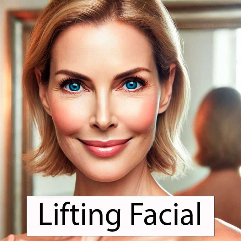 Mujer de entre 40 y 50 años con piel radiante y rejuvenecida, sonriendo con confianza frente a un espejo minimalista. Su rostro luce firme y natural, con una iluminación cálida que resalta su belleza. El fondo es elegante y sofisticado, con tonos neutros y detalles sutiles que transmiten bienestar y autocuidado. Imagen ideal para un blog sobre lifting facial y rejuvenecimiento estético.