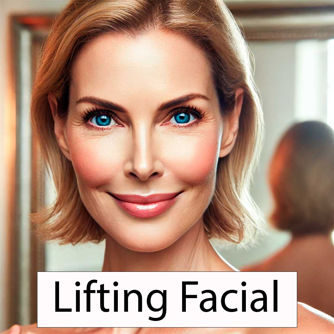 Mujer de entre 40 y 50 años con piel radiante y rejuvenecida, sonriendo con confianza frente a un espejo minimalista. Su rostro luce firme y natural, con una iluminación cálida que resalta su belleza. El fondo es elegante y sofisticado, con tonos neutros y detalles sutiles que transmiten bienestar y autocuidado. Imagen ideal para un blog sobre lifting facial y rejuvenecimiento estético.