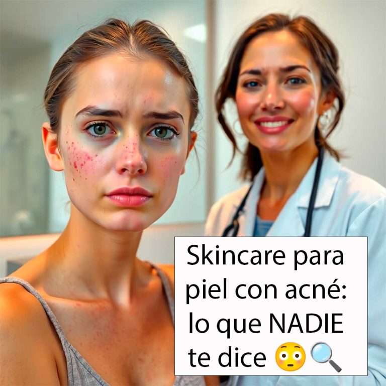 Primer plano de un rostro con acné leve a moderado reflejándose en un espejo. La persona observa su piel con una expresión de preocupación. A su lado, una dermatóloga sonriente le brinda asesoría, transmitiendo confianza. Fondo minimalista con tonos claros que resaltan la escena de cuidado de la piel.
