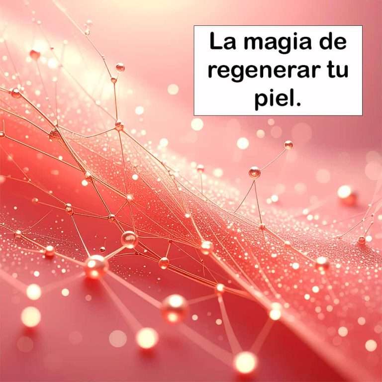 Visualización abstracta de la regeneración de colágeno en la piel. Una red de fibras luminosas en tonos oro rosa y perla es estimulada por partículas brillantes, representando el efecto de los bioestimuladores.