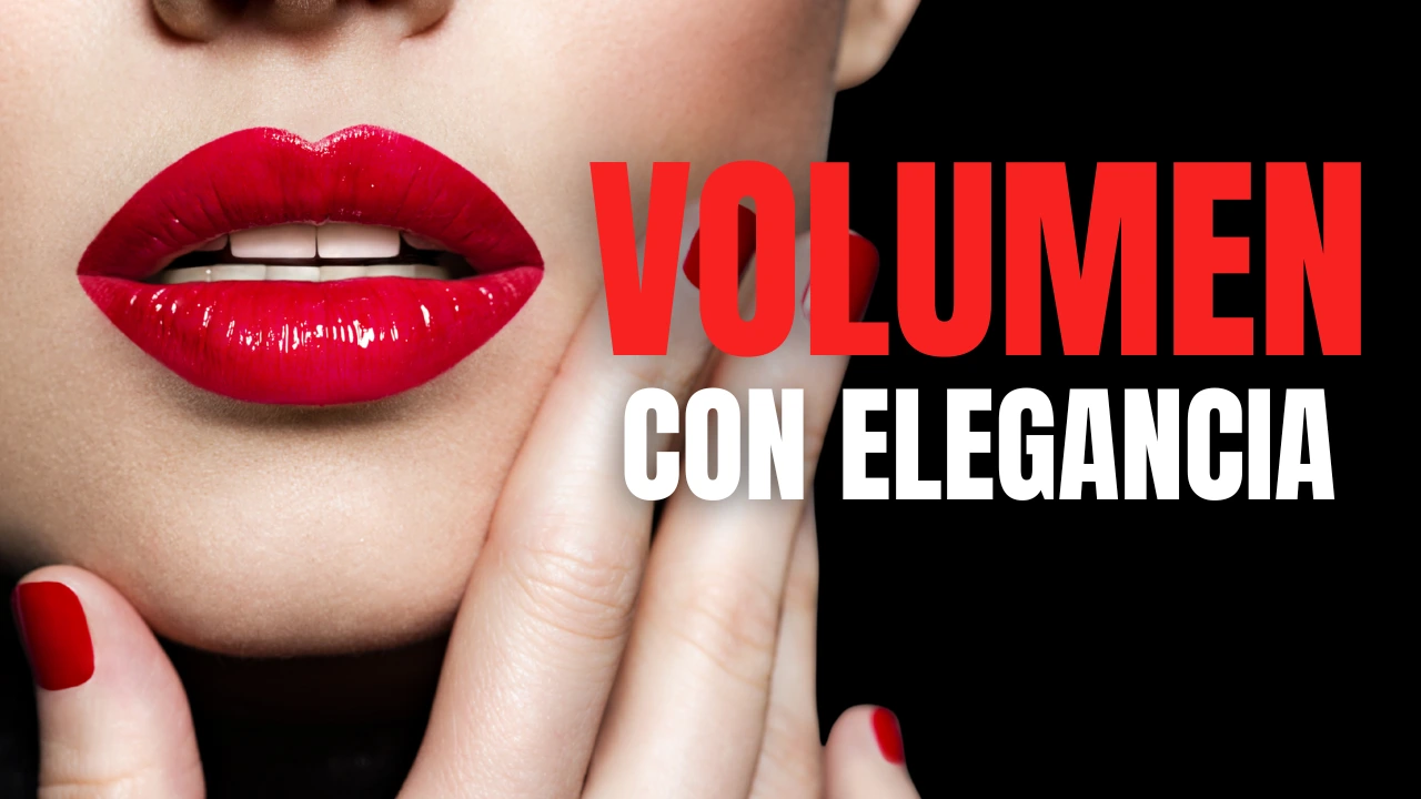 Miniatura del tratamiento de relleno de labios de la Dra. Karina Cabeza. Imagen de una joven con labios rojos definidos, fondo negro elegante y texto destacado: Volumen con elegancia.
