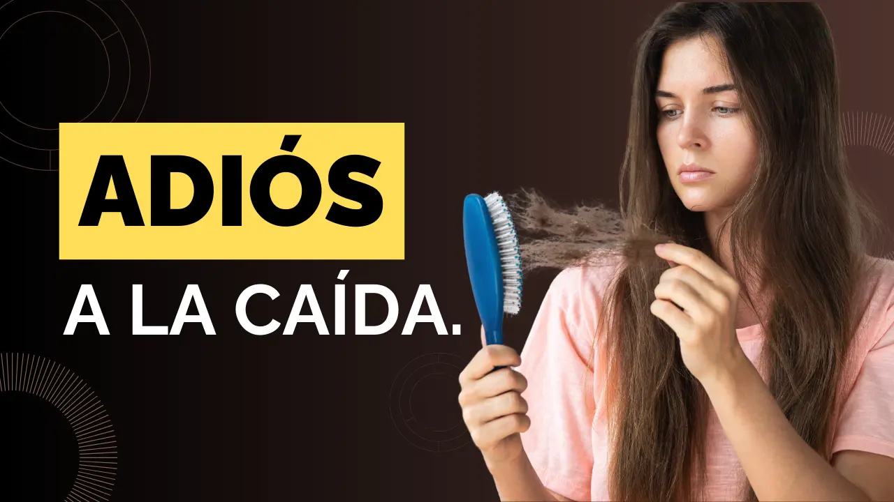 Miniatura del servicio para caída del cabello de la Dra. Karina Cabeza. Mujer observa un cepillo lleno de cabellos caídos sobre fondo marrón oscuro. Texto destacado: Adiós a la caída.