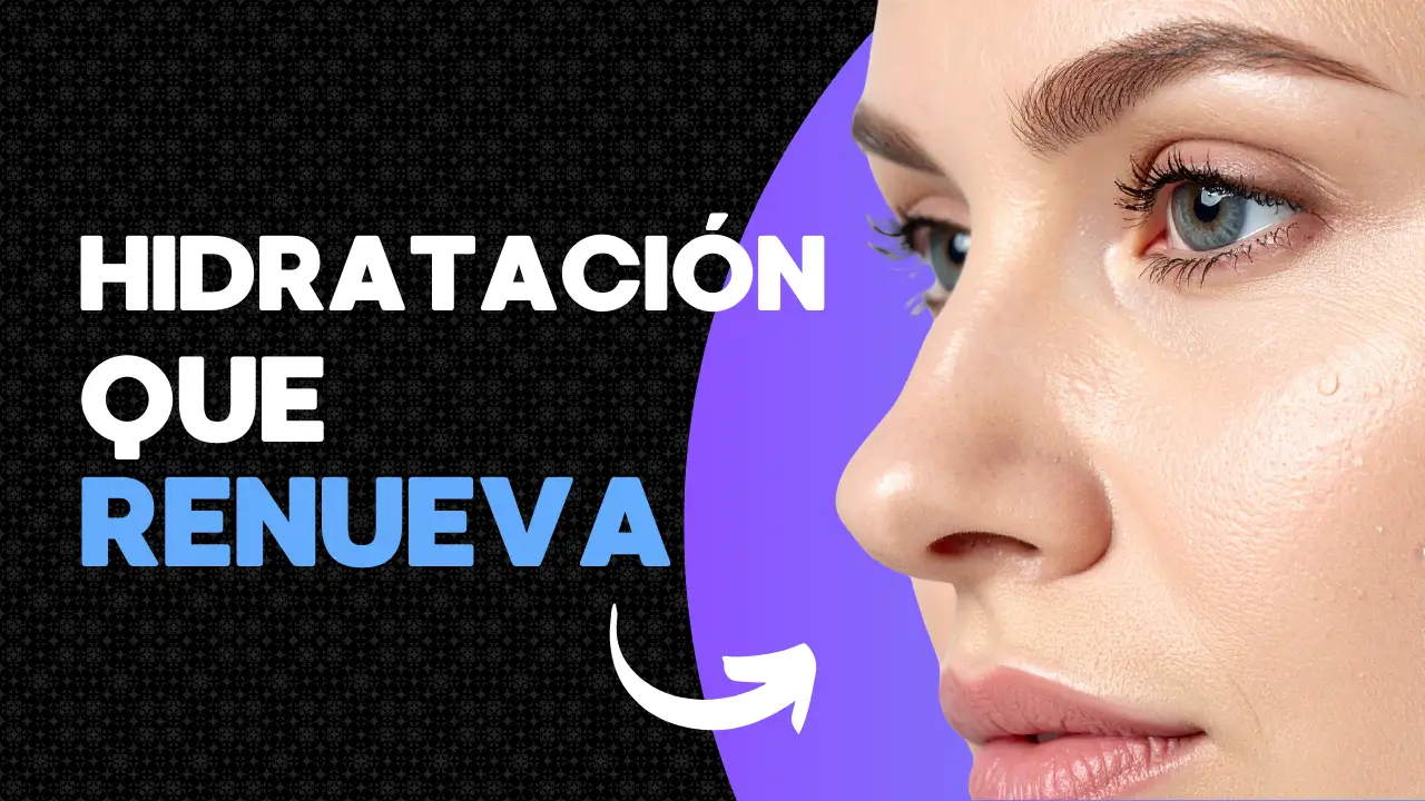 Miniatura del tratamiento Skinbooster de la Dra. Karina Cabeza. Rostro femenino con piel hidratada y luminosa sobre fondo negro y púrpura elegante. Texto destacado: Hidratación que renueva.