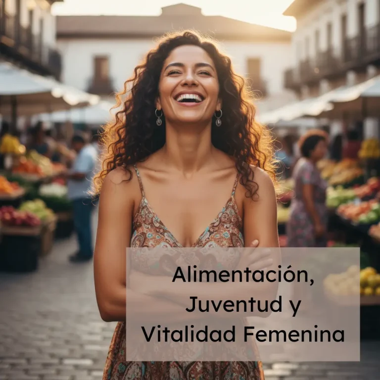 Mujer sonriente en un mercado al aire libre, con fondo de frutas y verduras, representando bienestar, vitalidad femenina y alimentación saludable.