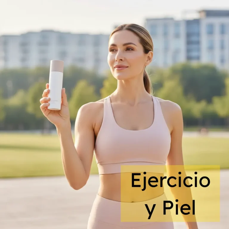 Mujer de 30 a 50 años caminando al amanecer, con piel luminosa y aspecto saludable, sosteniendo protector solar en un entorno natural suave.