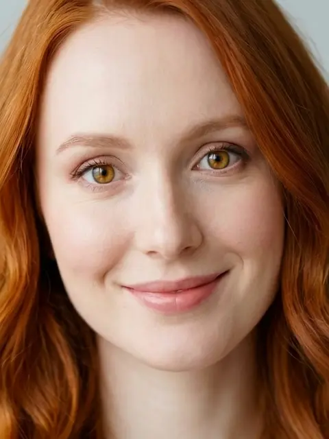 Angelica 11, Mujer de 30 años de piel muy clara, cabello pelirrojo y ojos miel, con sonrisa luminosa.