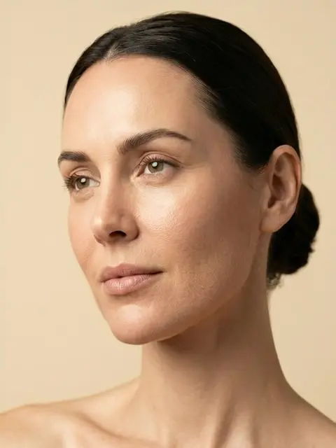 Mujer adulta con expresión serena y piel natural, retrato beauty editorial para armonización facial con ácido hialurónico en Bucaramanga.01