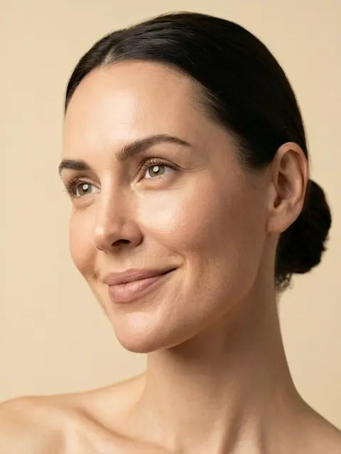 Mujer adulta con expresión serena y piel natural, retrato beauty editorial para armonización facial con ácido hialurónico en Bucaramanga.02