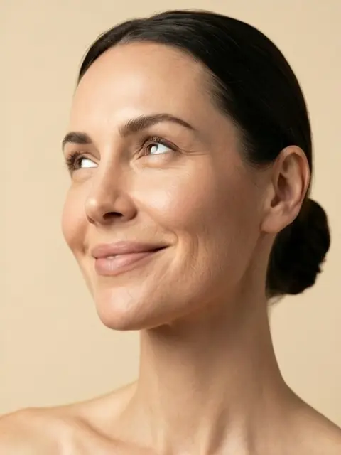 Mujer adulta con expresión serena y piel natural, retrato beauty editorial para armonización facial con ácido hialurónico en Bucaramanga.03