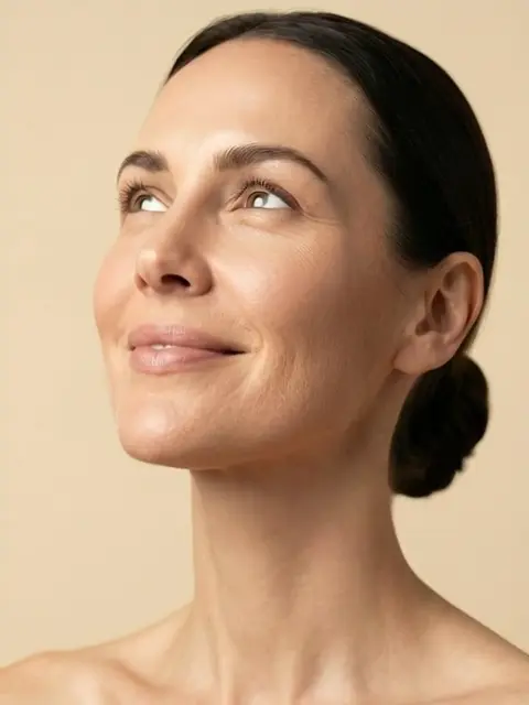 Mujer adulta con expresión serena y piel natural, retrato beauty editorial para armonización facial con ácido hialurónico en Bucaramanga.04