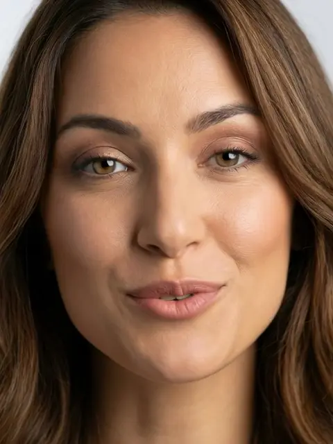 Linda 12, Mujer de 30 años de piel aceitunada, cabello castaño medio y ojos marrones claros, sonrisa cálida y profesional.