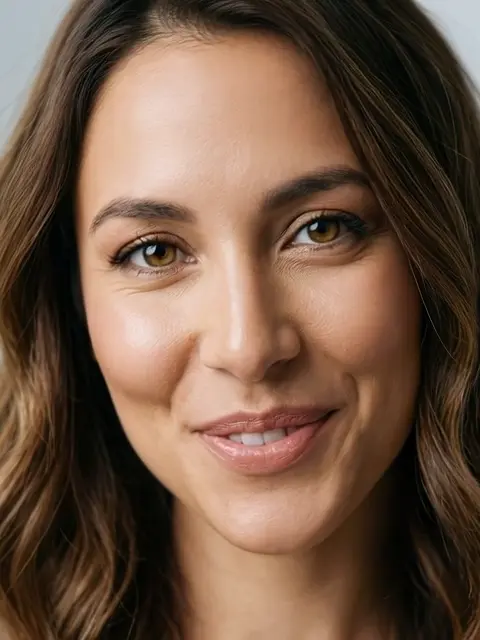 Mara 19, Mujer de 30 años de piel mestiza, cabello ondulado castaño y ojos marrones con reflejos dorados, sonrisa cálida.