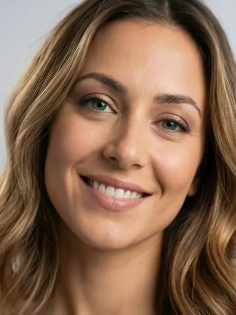 Mary 12, Mujer de 30 años de piel mediterránea, cabello castaño claro y ojos verde esmeralda, sonrisa cálida.