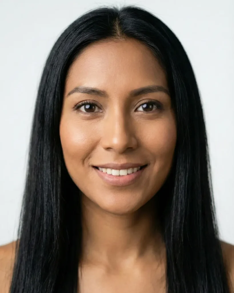 Milena 10, Mujer de 30 años de piel trigueña, cabello negro y ojos marrones oscuros, sonrisa cálida y mirada impactante.