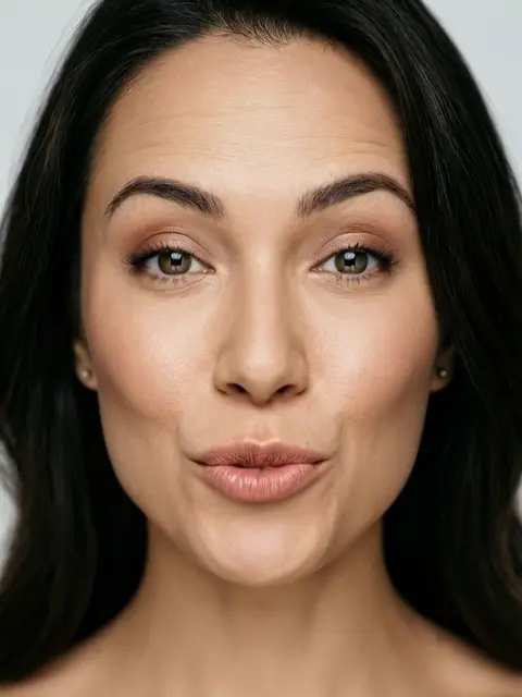 Vanesa 12, Mujer de 30 años con rostro elegante y sonrisa cálida, mirada impactante y ojos grandes, foto profesional de estudio.