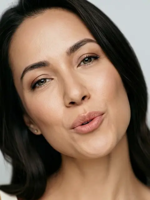Vanesa 16, Mujer de 30 años con rostro elegante y sonrisa cálida, mirada impactante y ojos grandes, foto profesional de estudio.