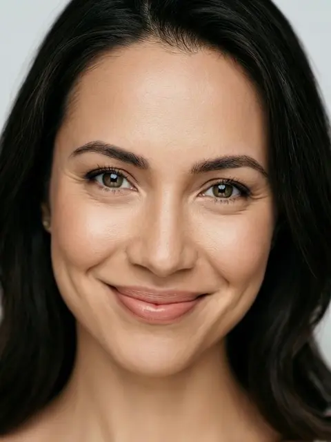 Vanesa 21 de 30 años con rostro elegante y sonrisa cálida, mirada impactante y ojos grandes, foto profesional de estudio.